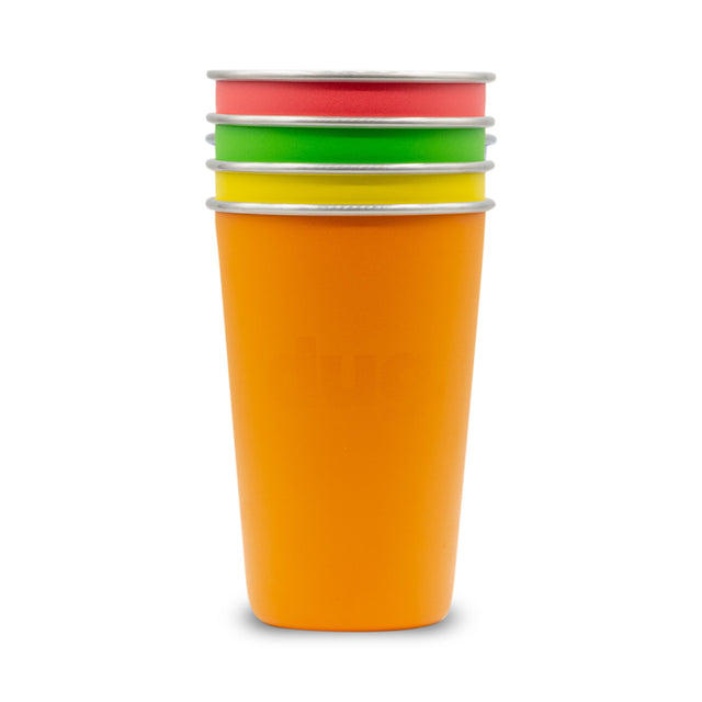 Stack of four My Mate Dug reusable stainless steel cups in orange, yellow, green and red