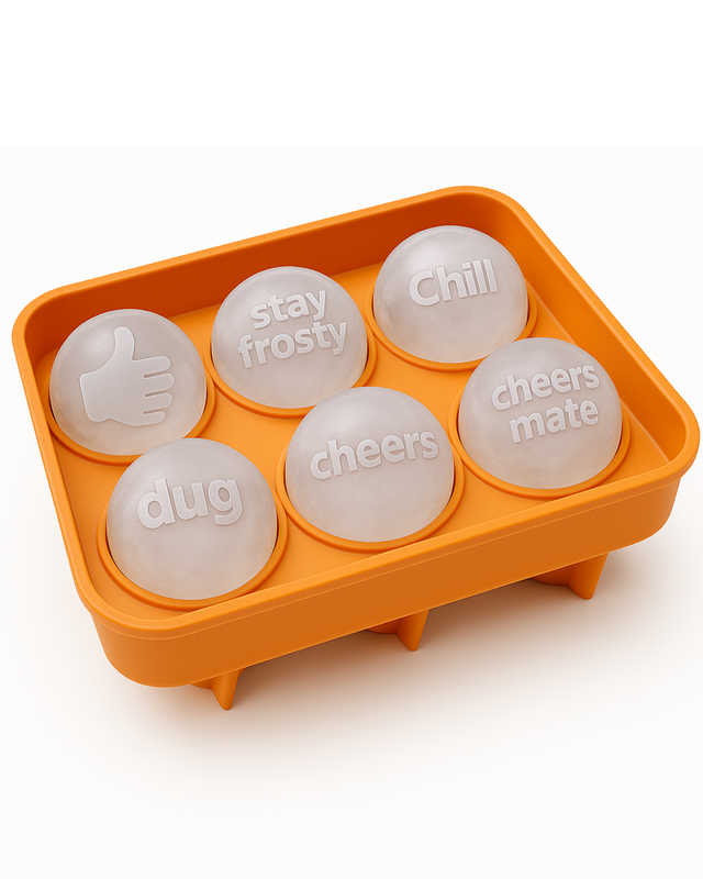Orange Ice Rocks XL silicone ice sphere tray holding six embossed ice spheres