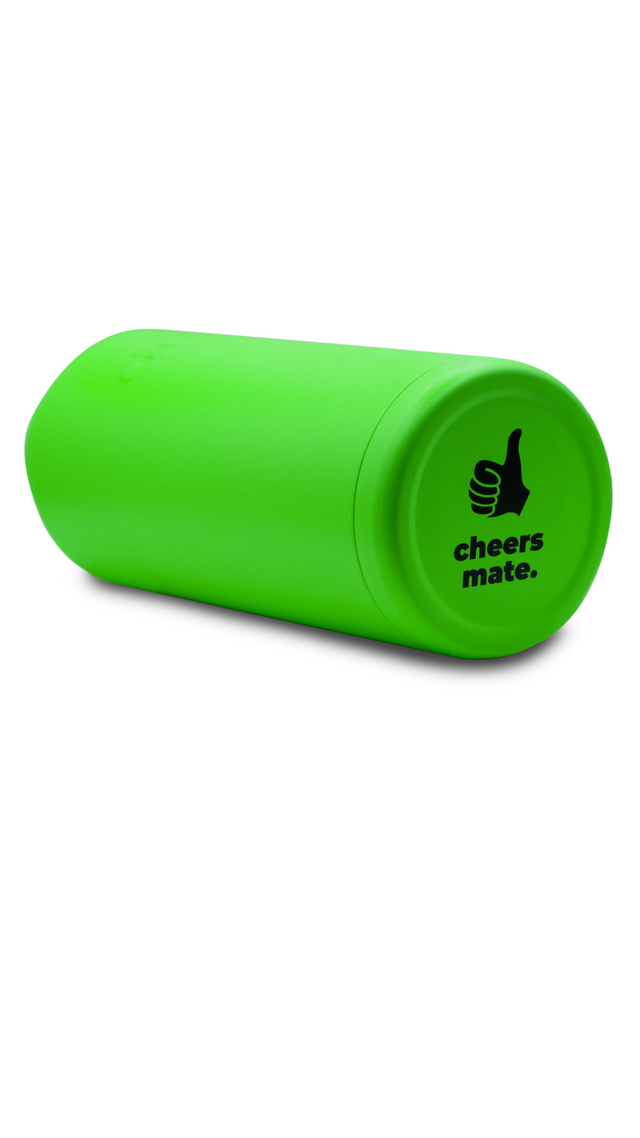 Green wide mouth bottle with 'cheers mate' branding on a white background