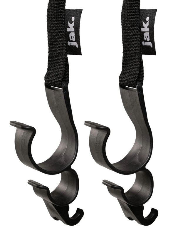 Two black vehicle roof rack hooks with 'jak' branding on a white background
