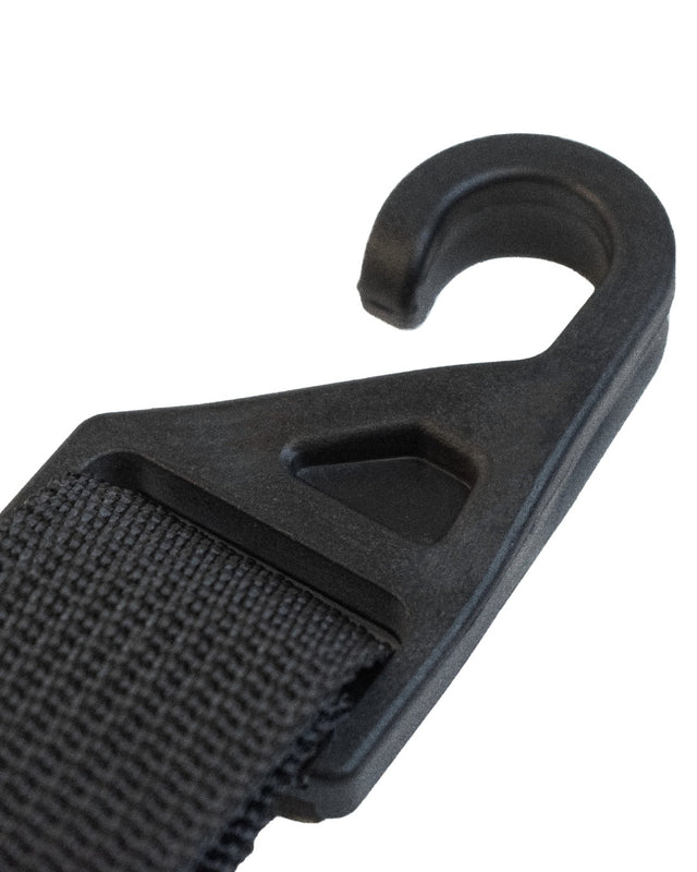 Black plastic clip with a hook on a white background
